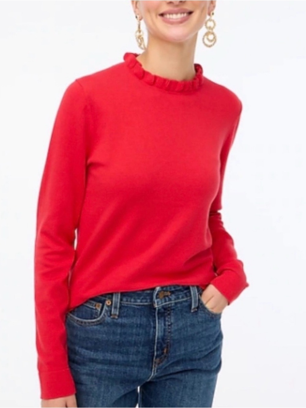J. Crew Red Ruffle-Neck Long Sleeve Top